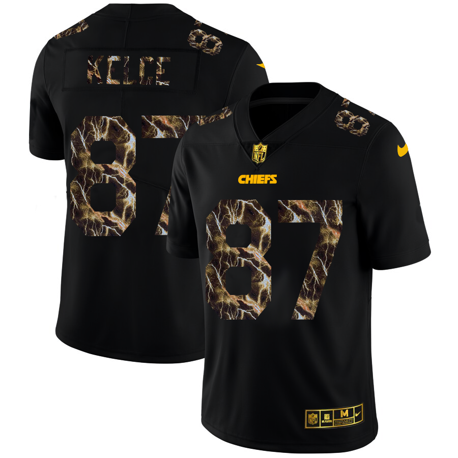 2020 Kansas City Chiefs #87 Travis Kelce Men Black Nike Flocked Lightning Vapor Limited NFL Jersey->san francisco 49ers->NFL Jersey